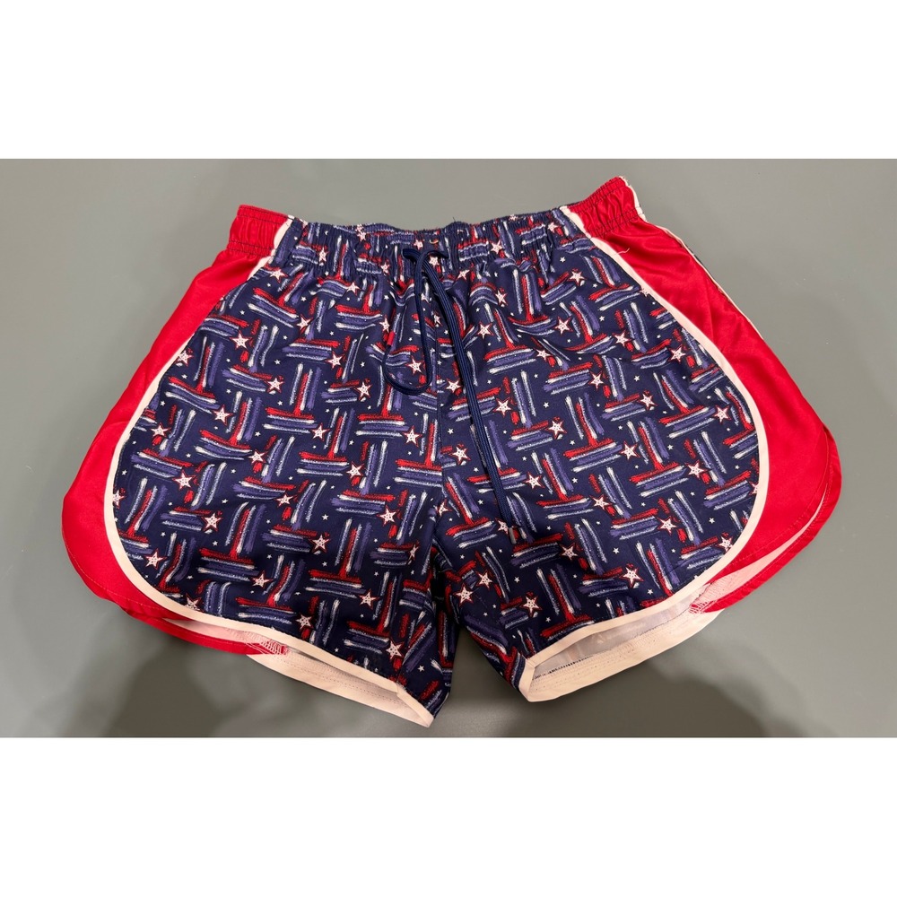 BCG‎ Womens Patriotic Stars and Stripes Athletic Running Shorts Navy Red Small